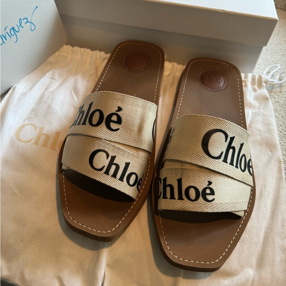 Chloe Tan and Black Slide Sandals
